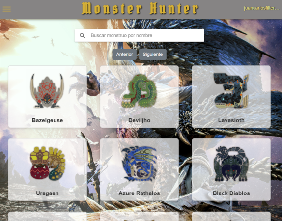 Vista de la app Wiki Monster Hunter